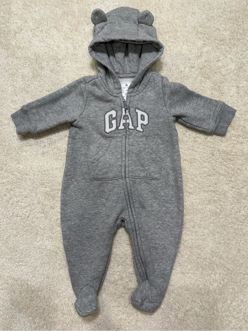 GAP Baby Gray Hooded Footed Zippered One Piece with Ears Size 0-3 Months